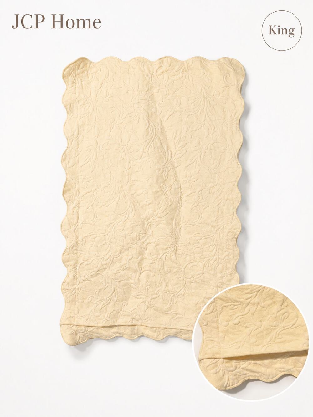 JCP Home King Pillow Sham Cream Embossed Floral Scalloped Edge